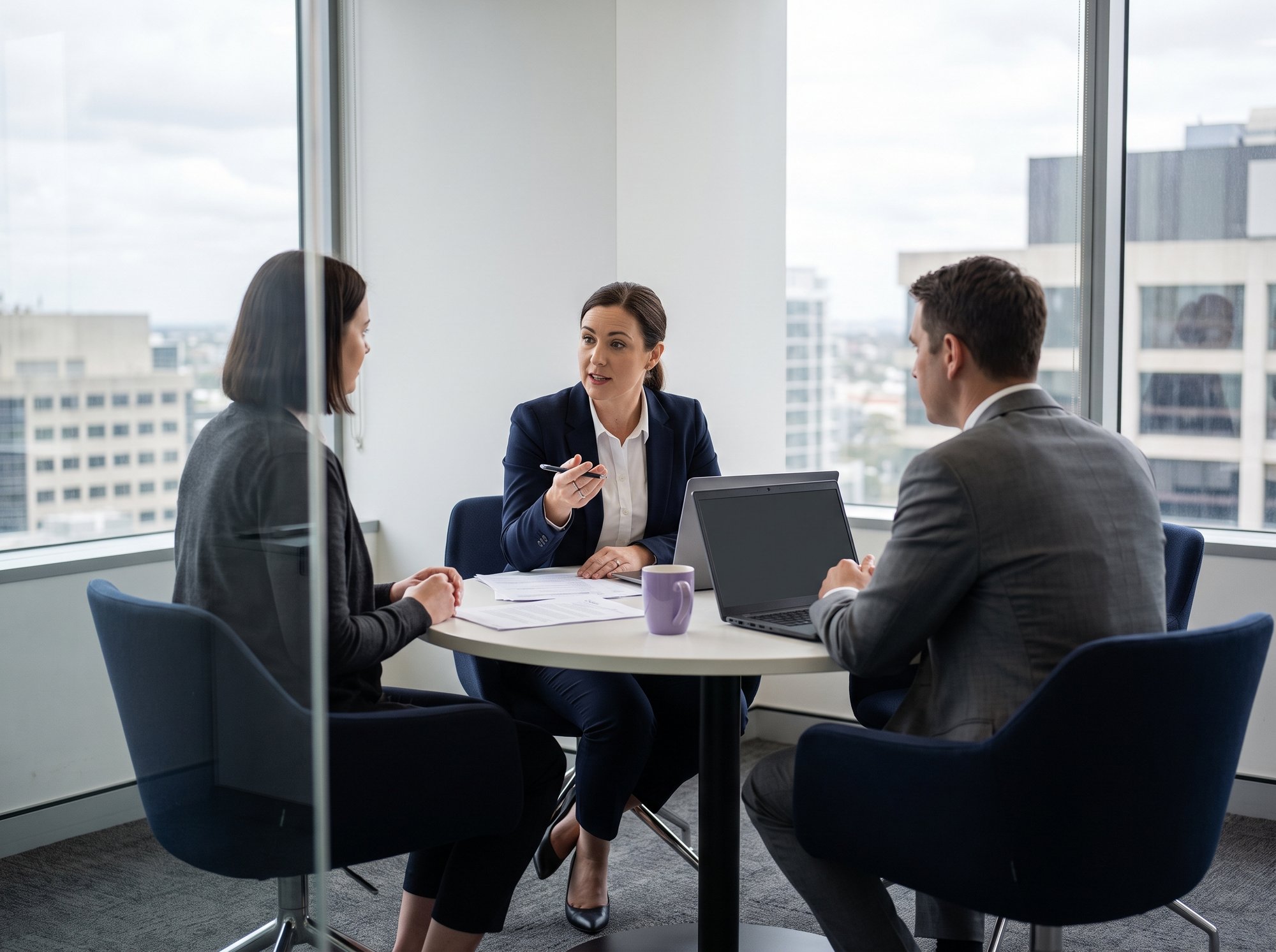 A lawyer talking through notes with a manager and an HR advisor in a meeting room